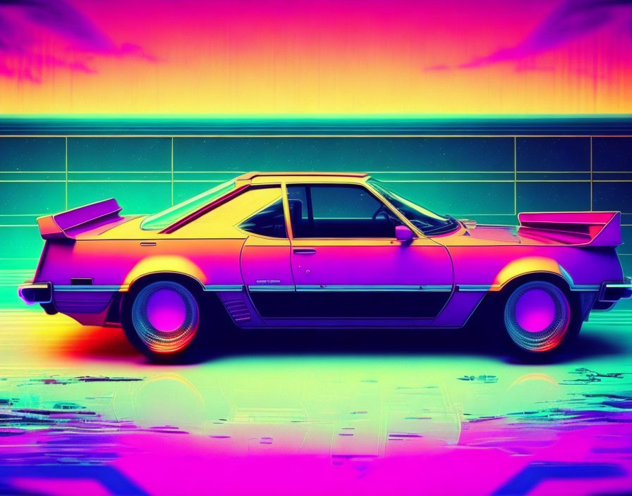 Retro-futuristic classic car in neon colors at digital sunset