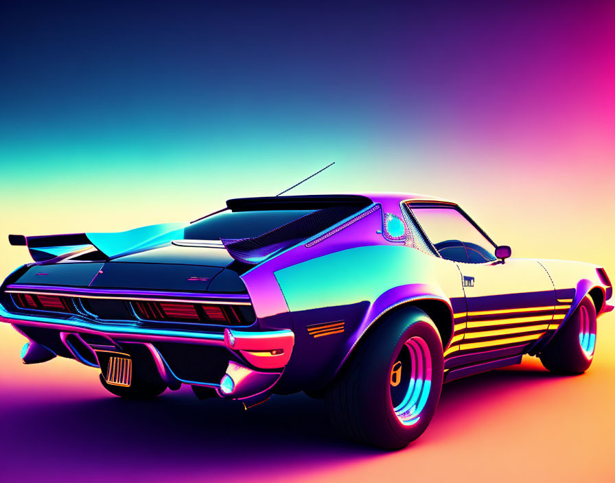 Retro-styled muscle car illustration with neon colors on gradient background