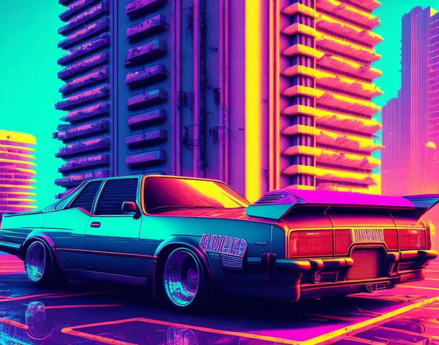 Colorful retro-futuristic cityscape with classic car, neon lights, and reflective streets