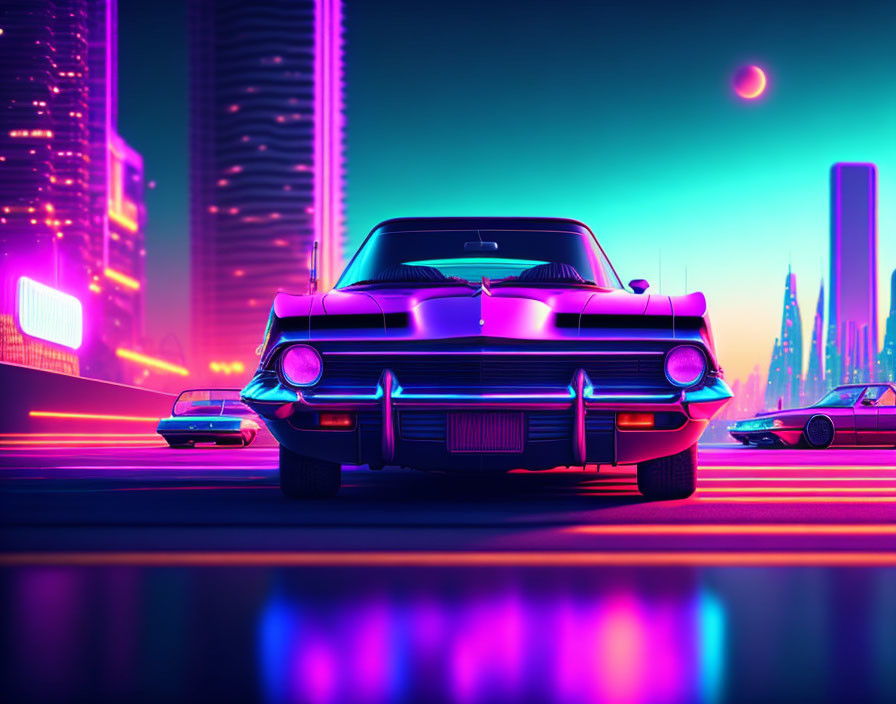 Vintage car with glowing headlights in neon-lit futuristic cityscape at twilight