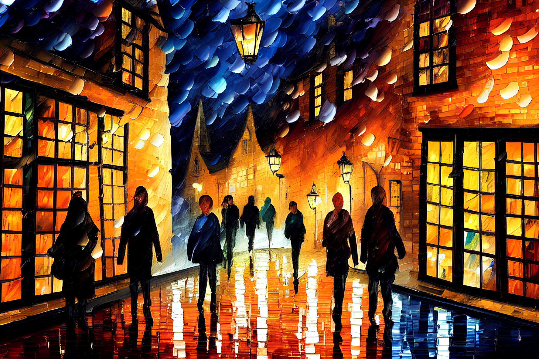 Colorful painting of people walking on wet street at night