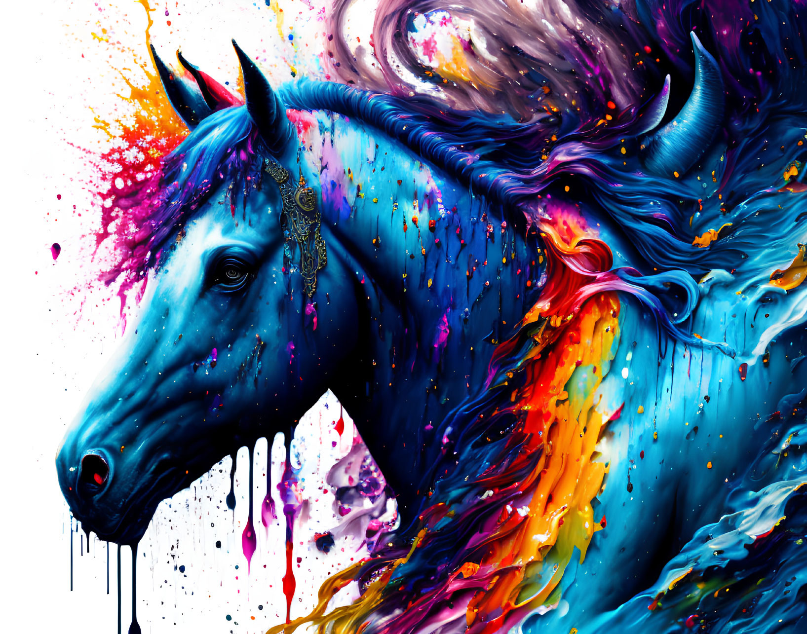 Colorful digital artwork: Blue unicorn with paint splatters