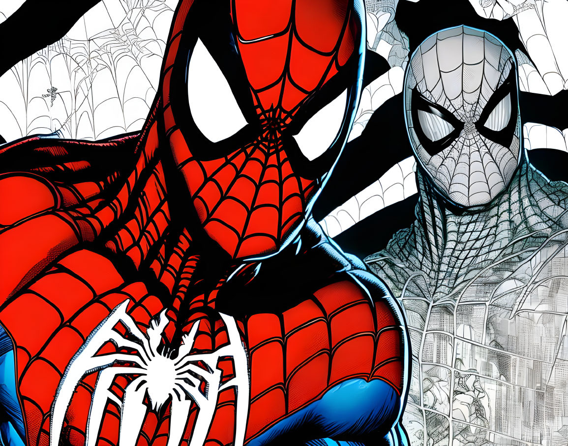 Stylized Spider-Man illustrations: full-color foreground, monochrome background