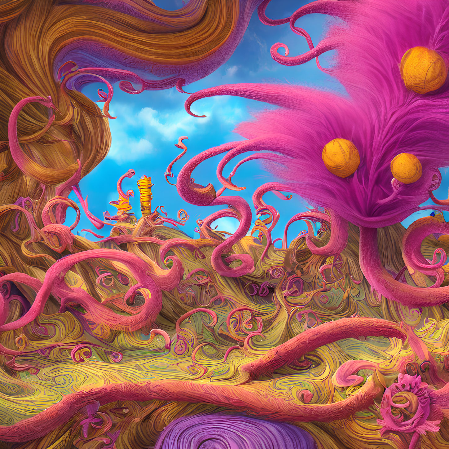 Colorful psychedelic landscape with purple trees, swirling patterns, and golden pagoda.