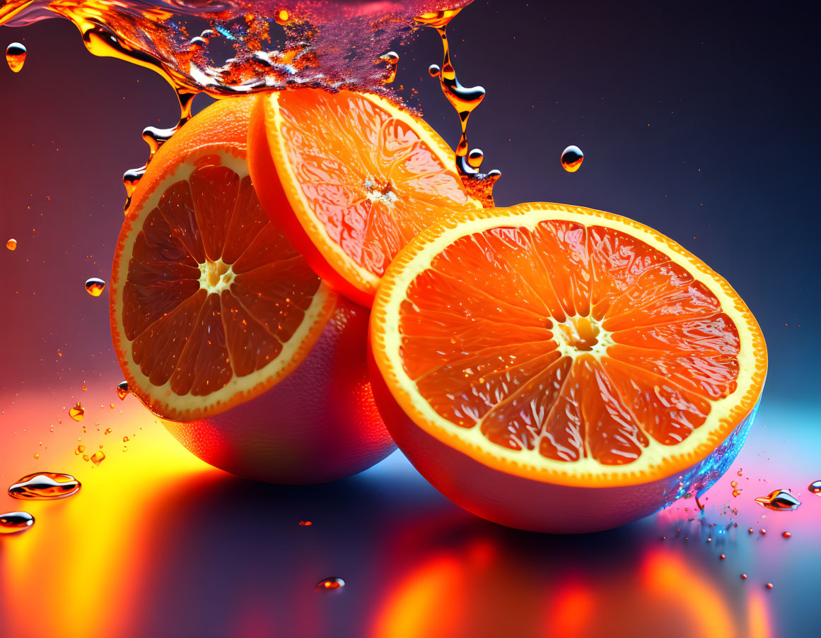 Fresh orange slices and water droplets on warm backdrop.