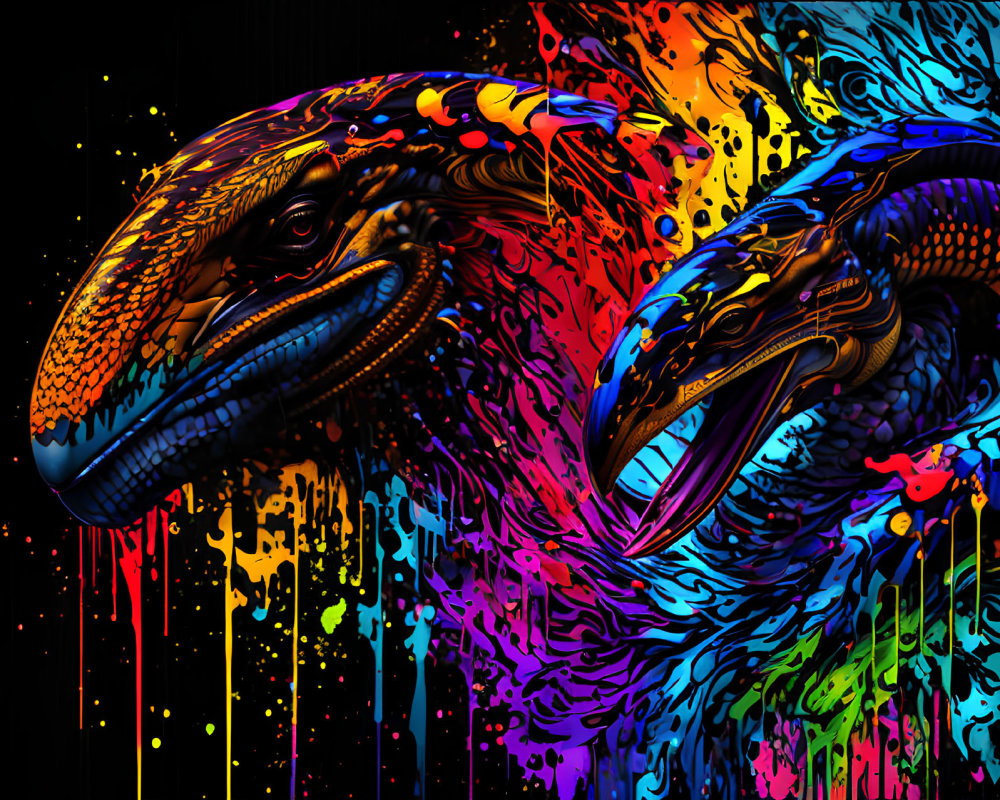 Colorful Velociraptors Artwork with Dripping Paint Textures