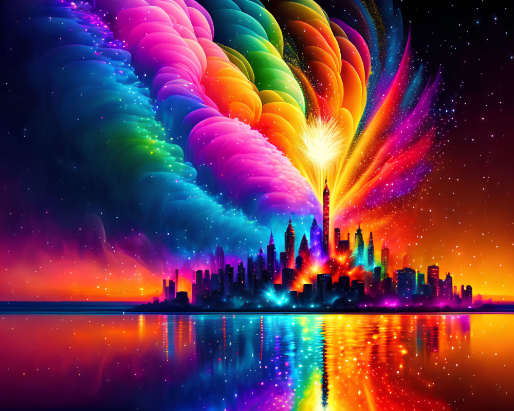 Colorful fireworks over city skyline at night in digital art