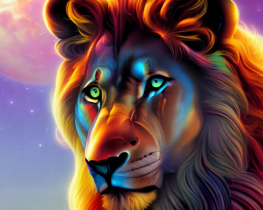 Colorful digital art: Majestic lion against cosmic backdrop