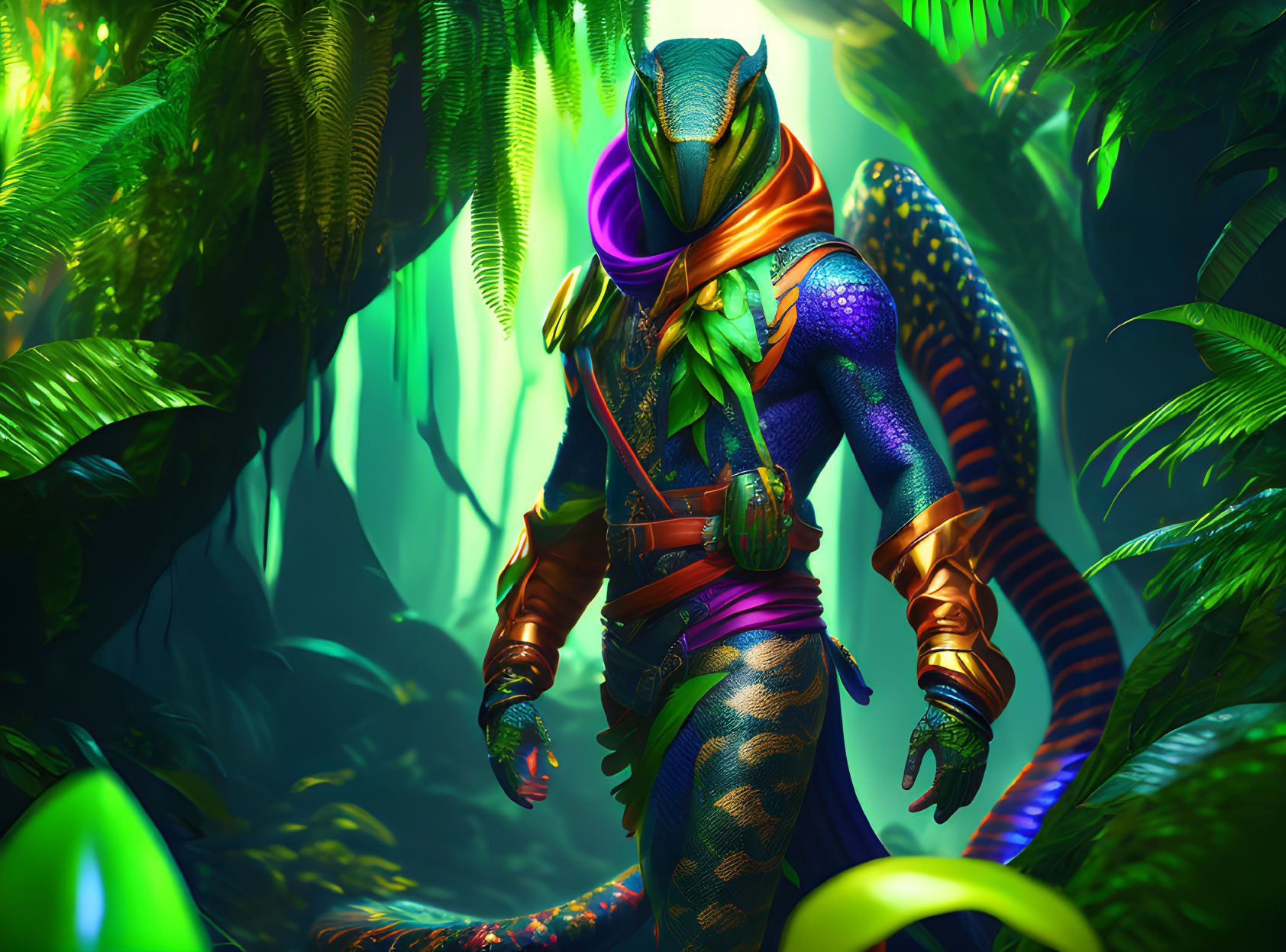 Colorful humanoid reptilian creature in vibrant jungle setting