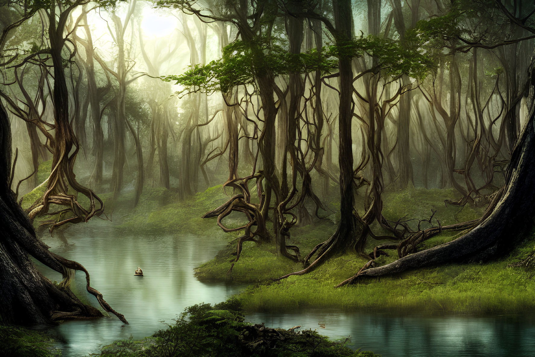 Tranquil forest scene with twisted trees, lush greenery, river, and boat