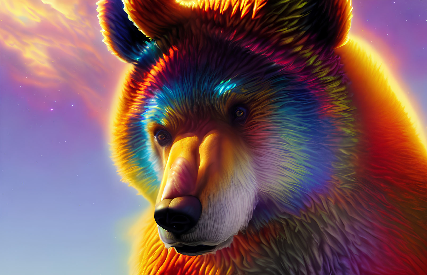 Colorful Bear Portrait Against Dreamy Sky Backdrop