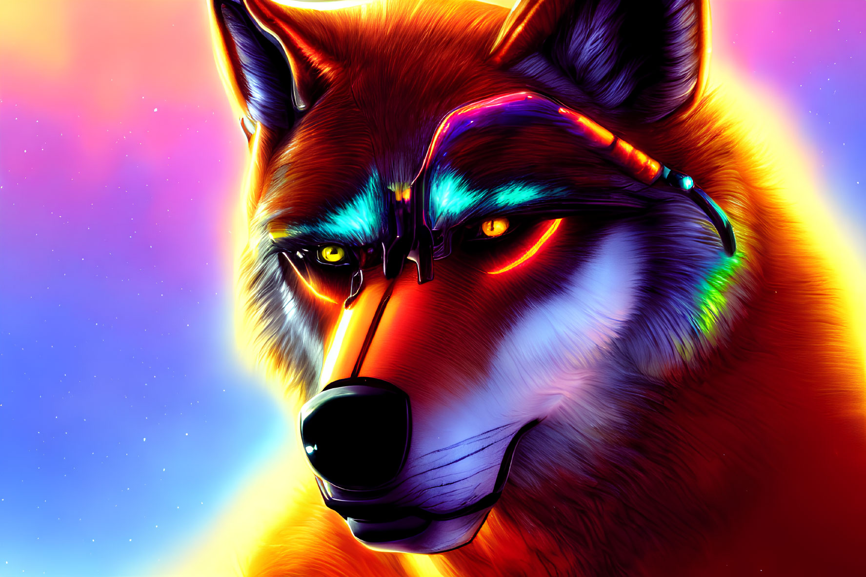 Colorful Digital Artwork: Wolf with Glowing Eyes and Neon Colors