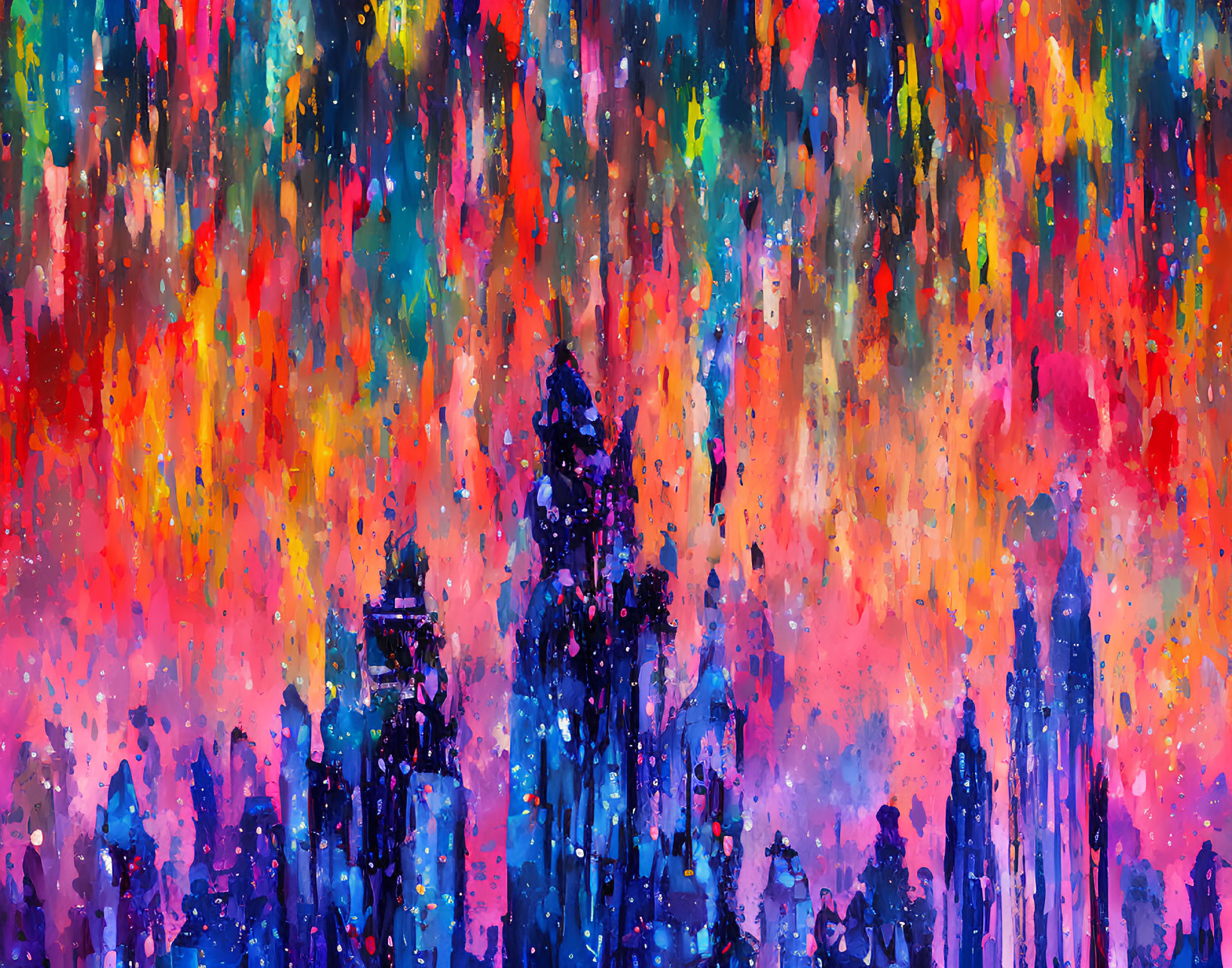 Colorful Abstract City Skyline Painting with Red, Blue, Orange, and Purple Splashes