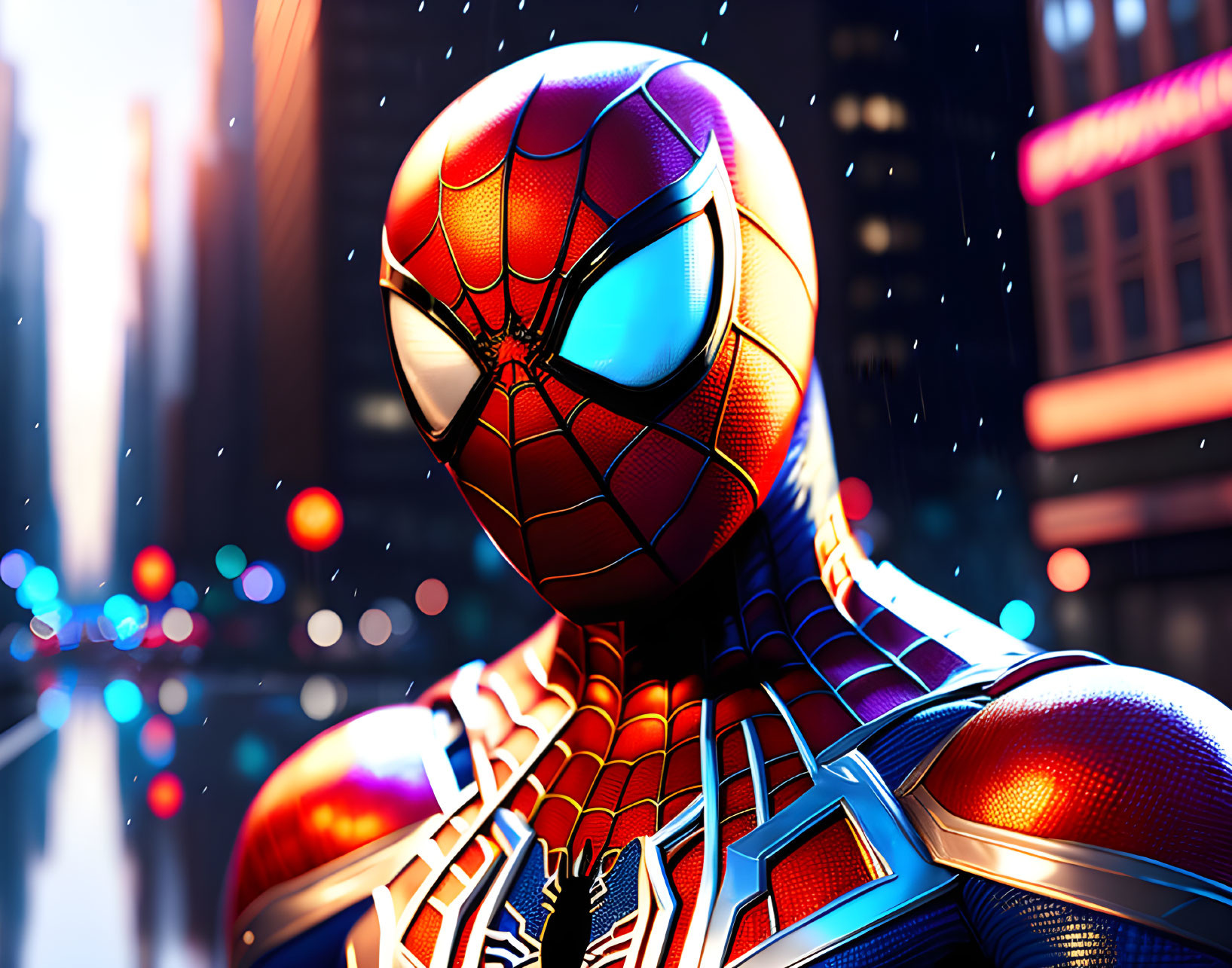 Spider-Man close-up in red and blue suit with web patterns against city backdrop