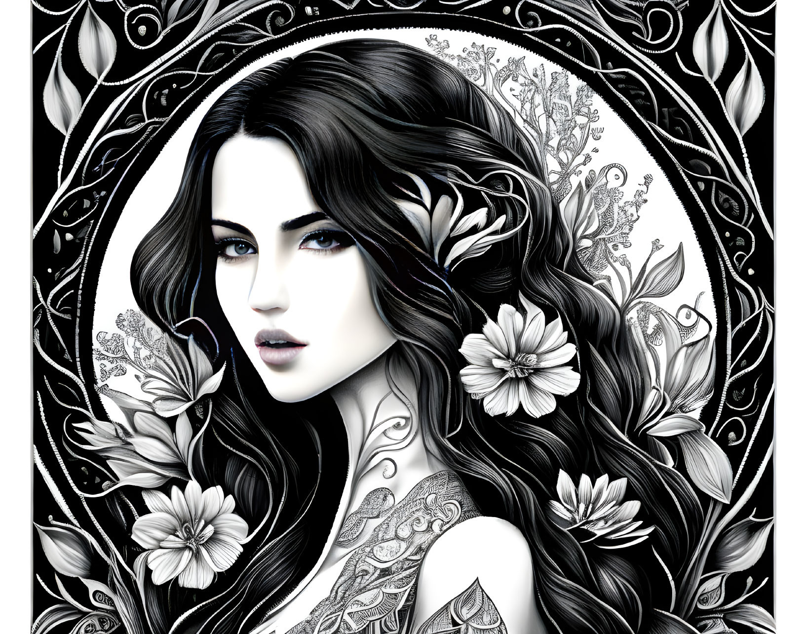 Detailed Black and White Woman Illustration with Floral Motifs