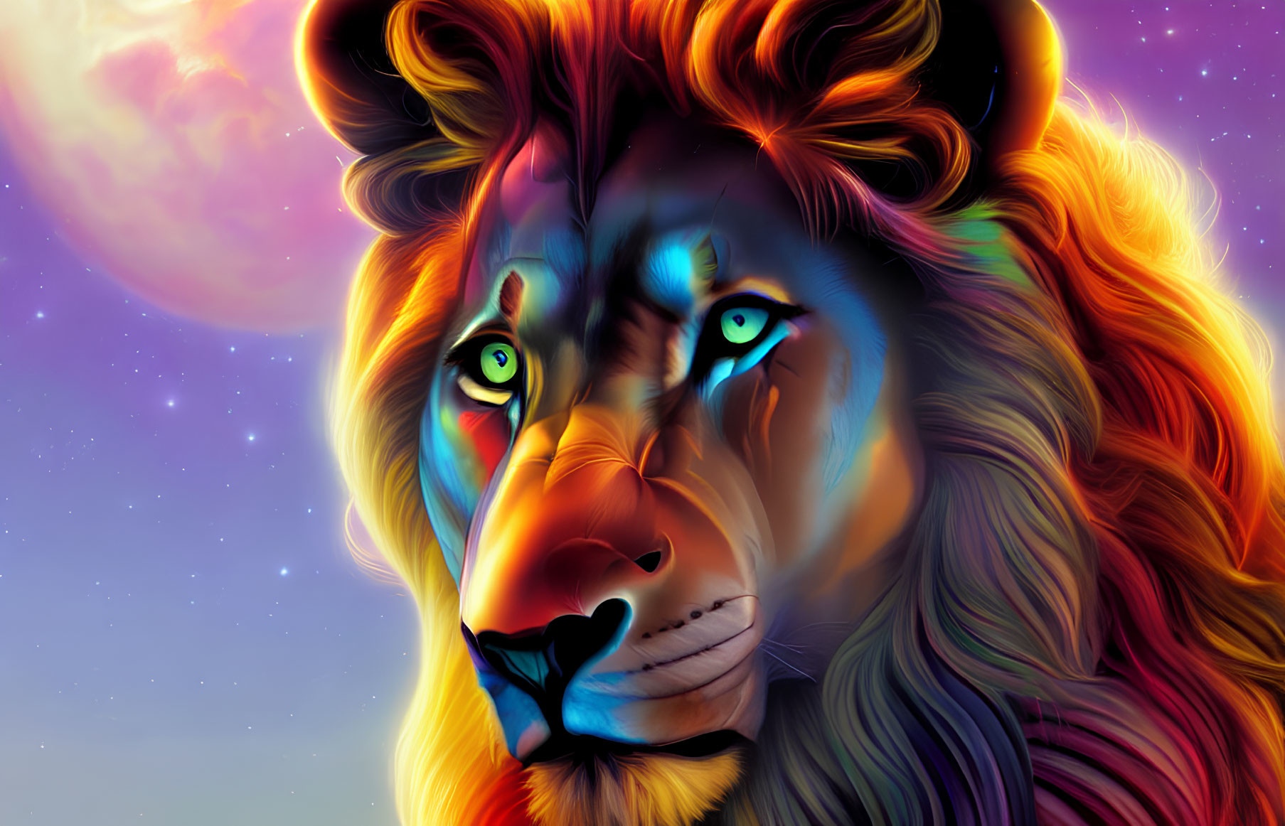 Colorful digital art: Majestic lion against cosmic backdrop