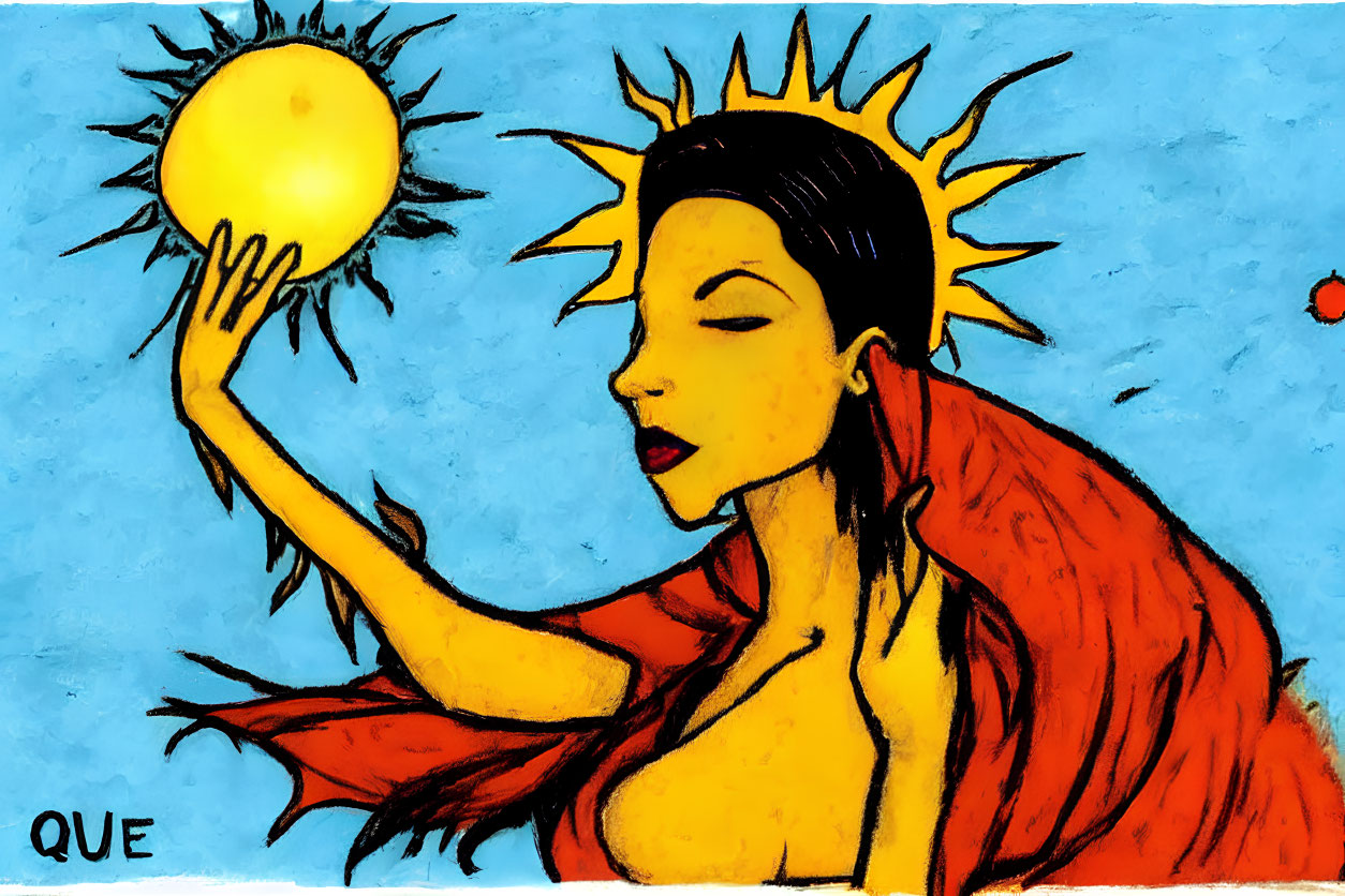 Vibrant illustration of woman with sun halo and glowing orb