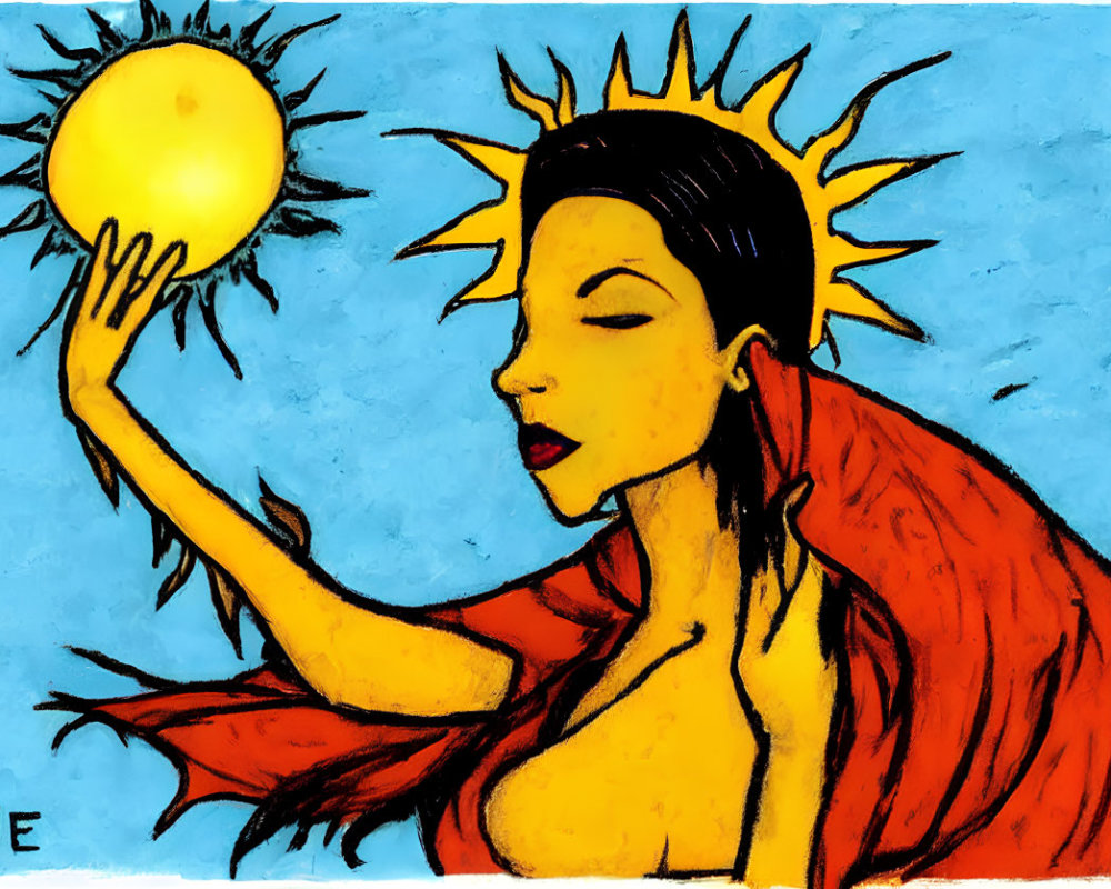 Vibrant illustration of woman with sun halo and glowing orb