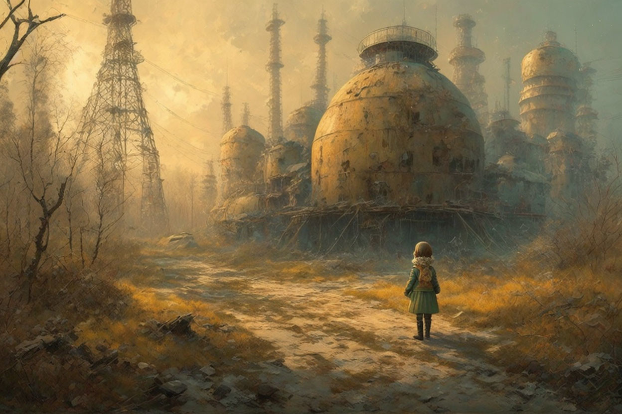 Child in desolate landscape gazes at aged spherical structures in warm light