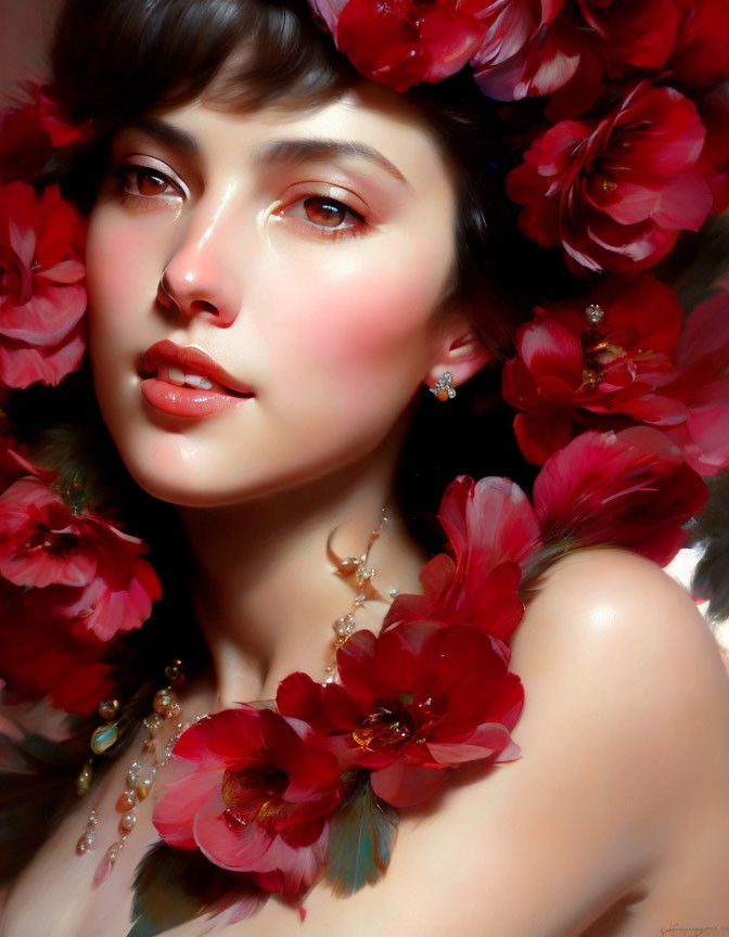 Dark-haired woman in red flower setting with fair complexion and subtle makeup