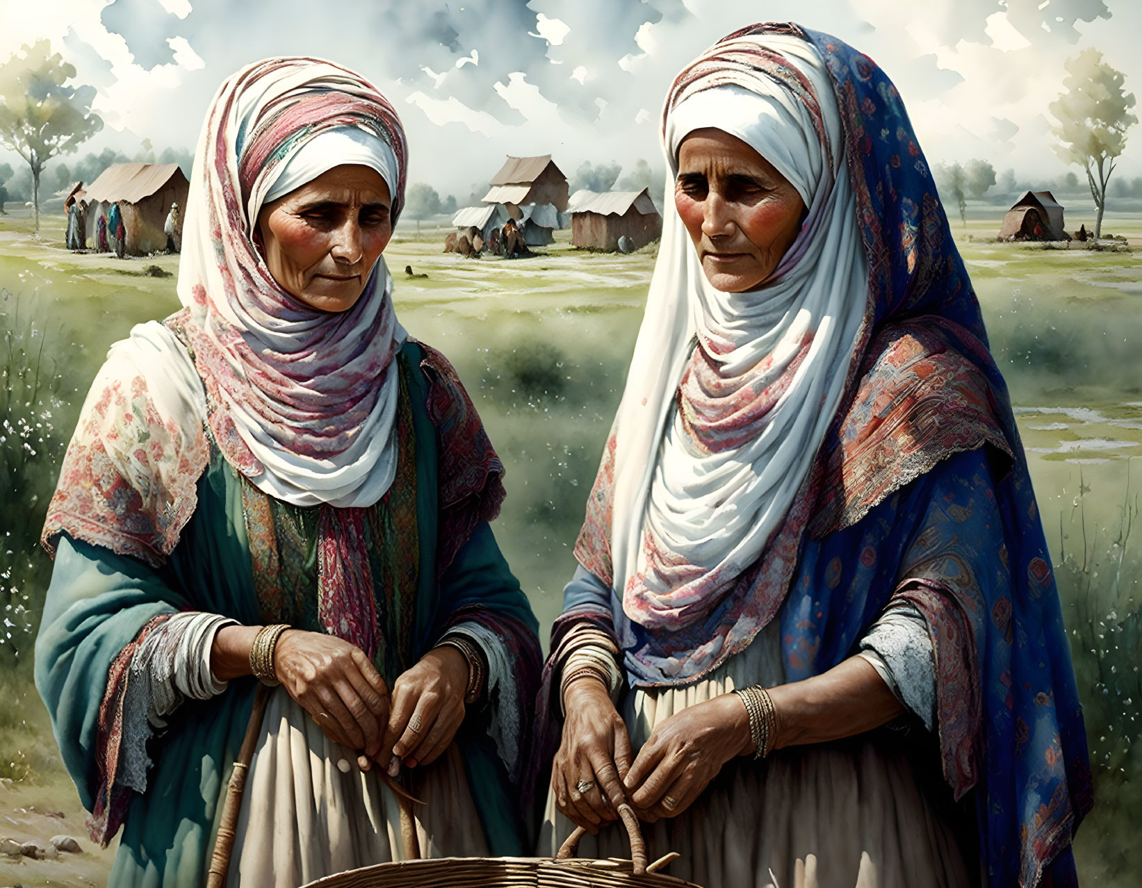 Elderly women weaving baskets in traditional village scene