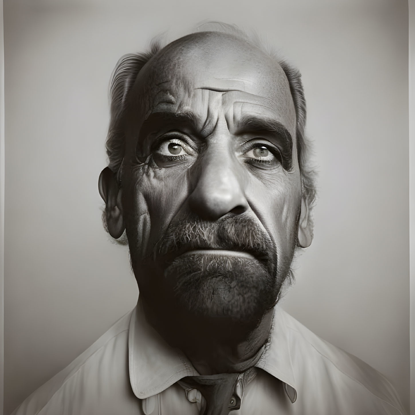 Detailed grayscale portrait of older man with deep-set eyes, wrinkles, furrowed brow, and groom