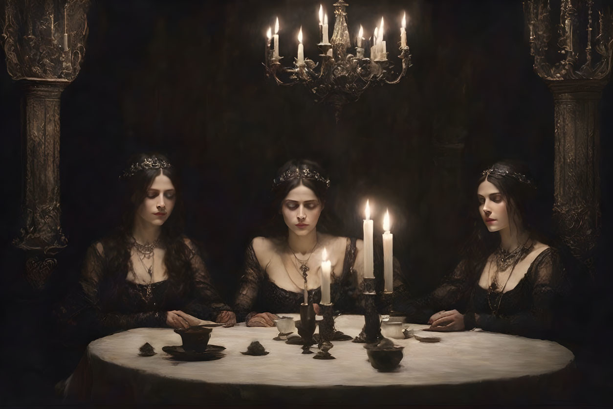 Enigmatic women in crowns and black dresses at a candlelit round table