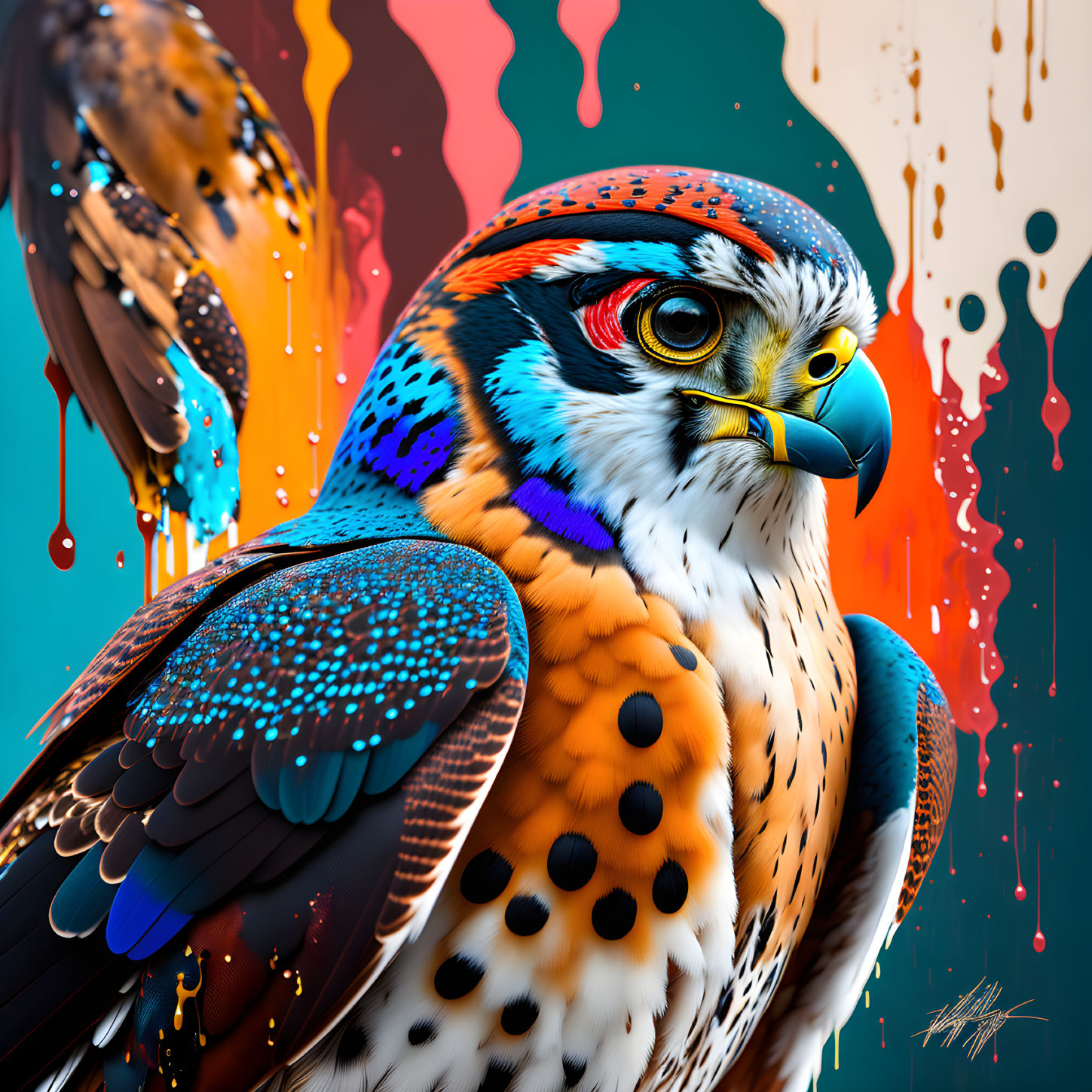 Colorful Falcon Artwork with Intricate Patterns and Dynamic Paint Textures