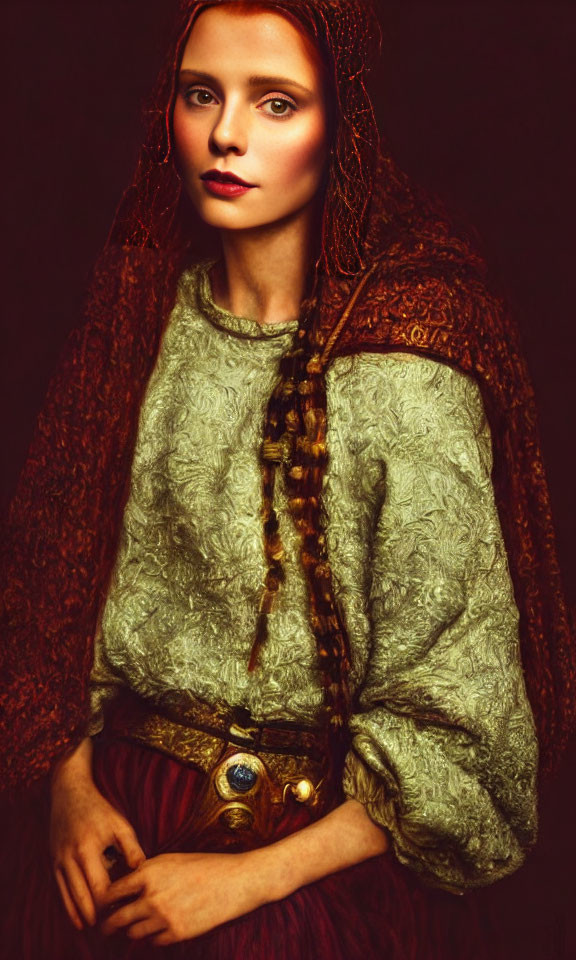 Woman in Braided Hair and Medieval Attire with Green Blouse