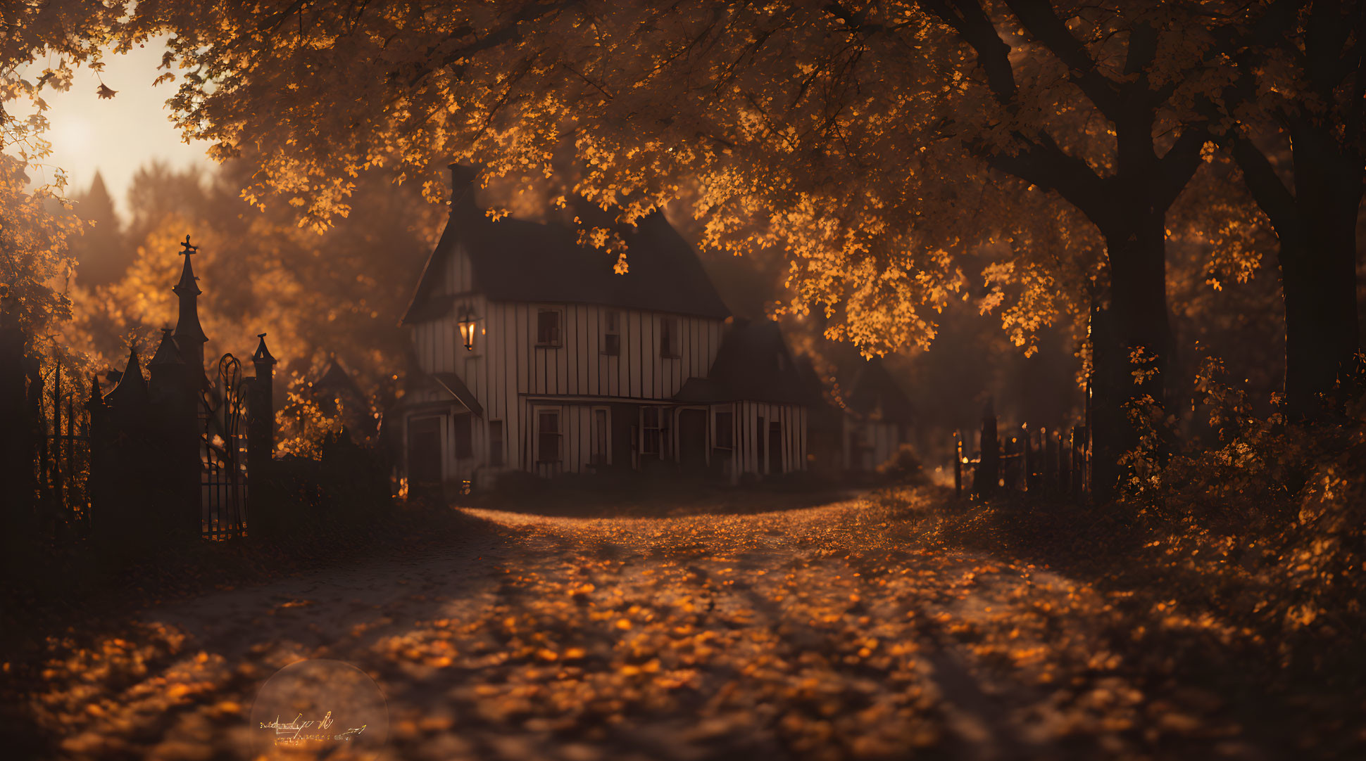 Tranquil autumn landscape with vintage house and golden trees