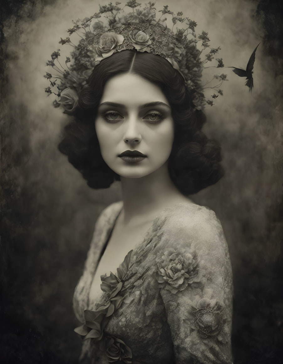 Portrait of woman with floral crown, dark hair, dramatic makeup, and mystical background.