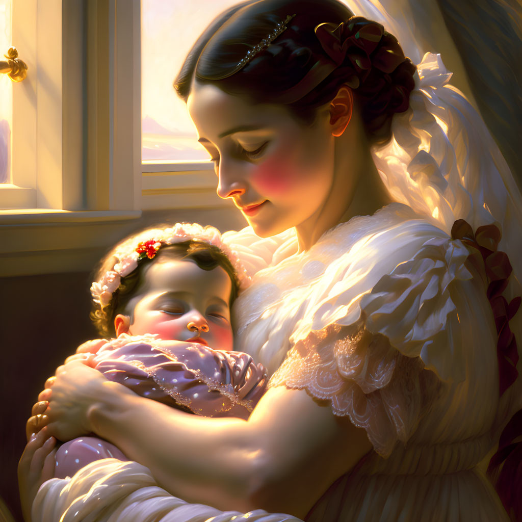 Mother cradling sleeping baby in elegant attire in sunlit room