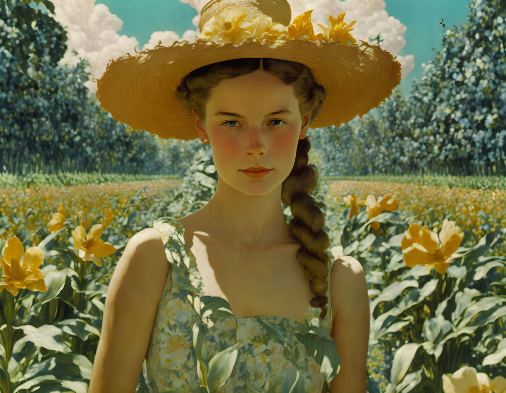 Young woman in floral dress and straw hat in yellow flower field