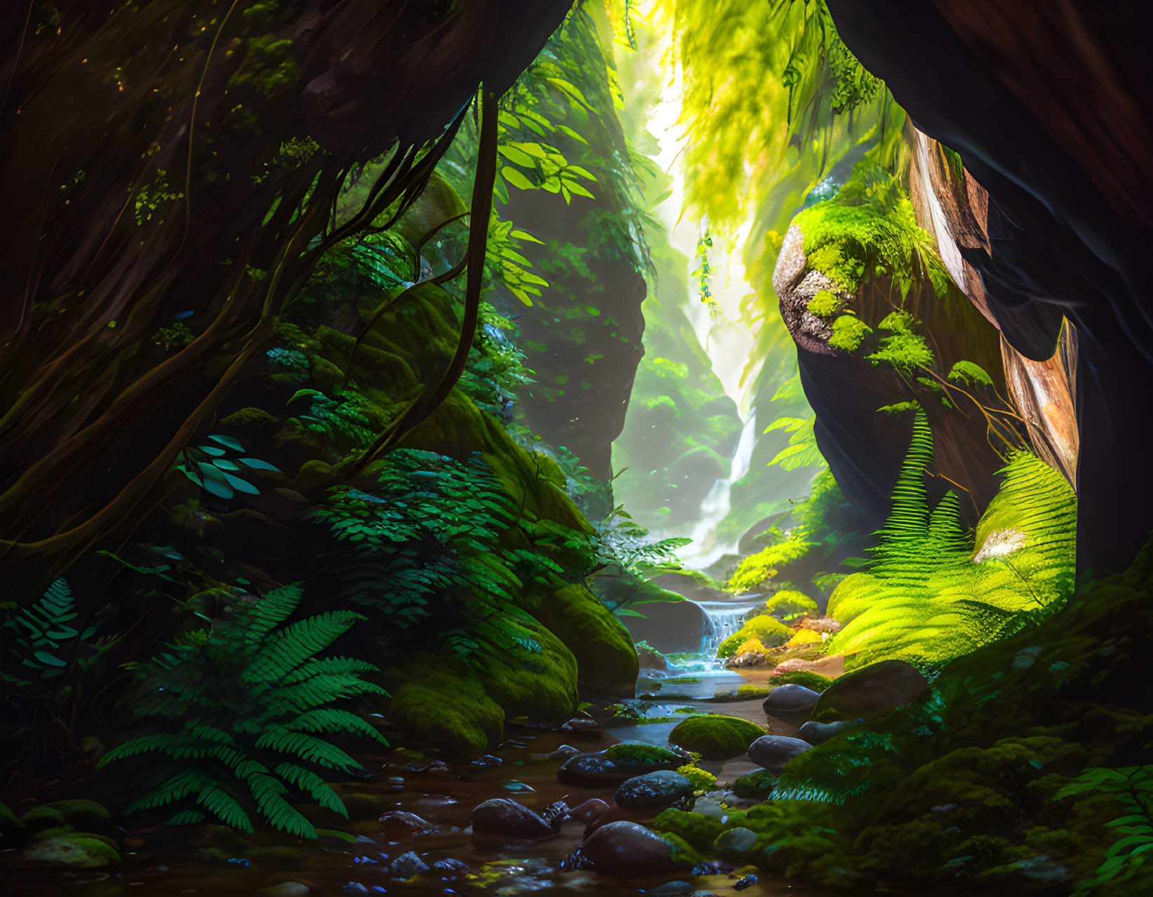 Mystical forest with green ferns, moss, stream, sunbeams, and rocky walls