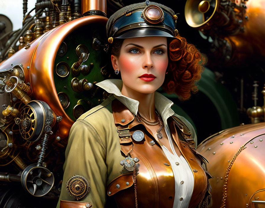 Steampunk-themed portrait of woman in aviator cap and goggles