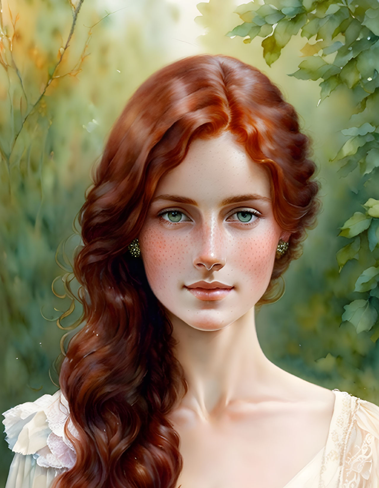 Fiery Red-Haired Woman in Vintage Dress Portrait