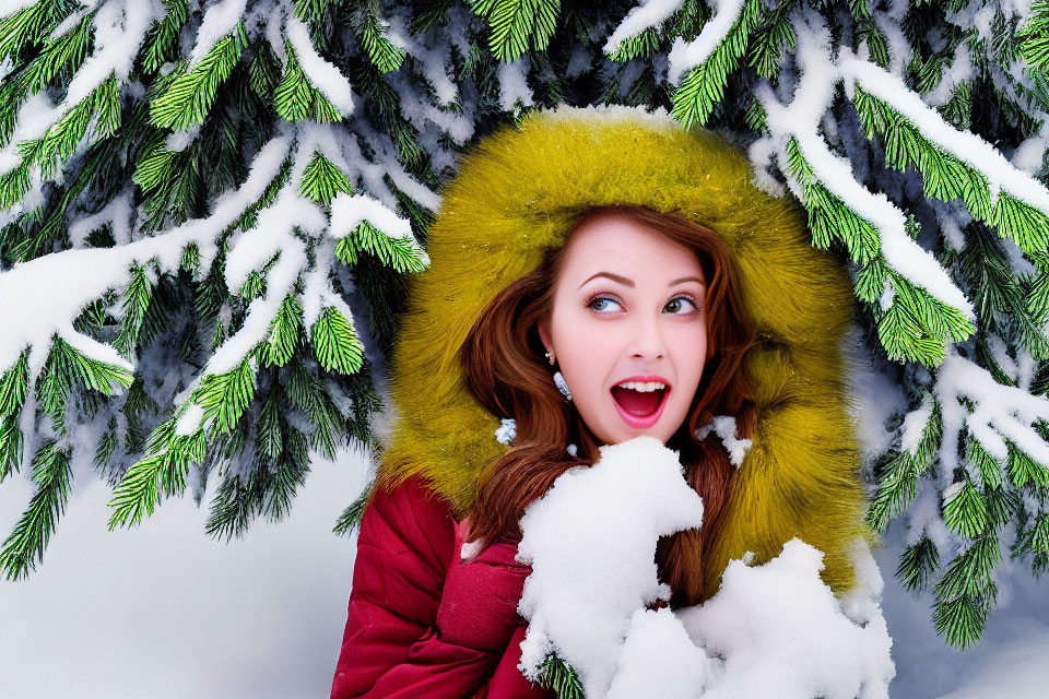 Smiling woman in green furry hood in snowy pine forest