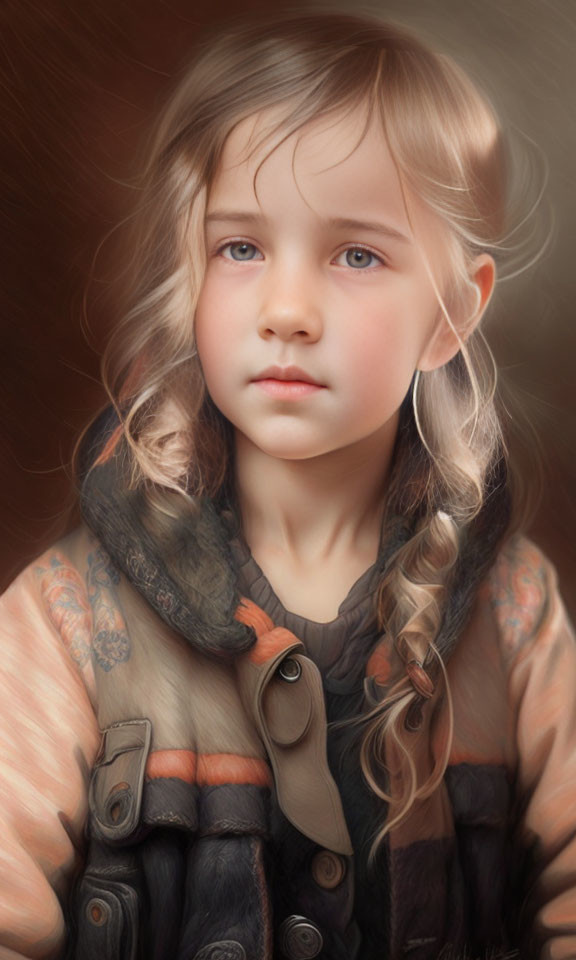 Young girl portrait with light brown hair and blue eyes in autumn outfit