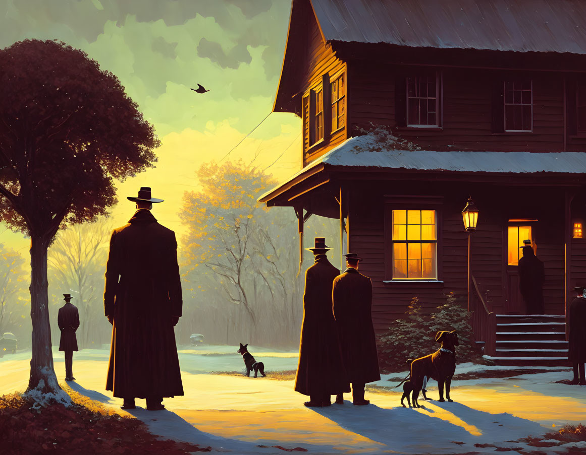 Silhouetted figures and dogs by warmly lit house at snowy sunset