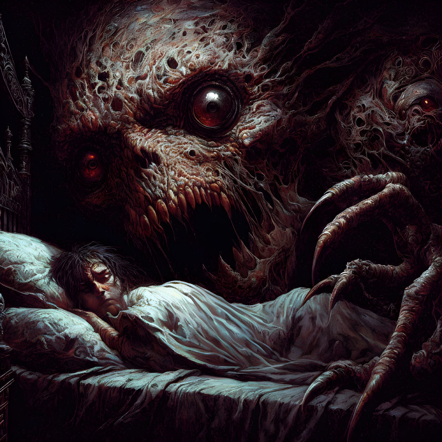 Person asleep in bed with monstrous creature and tentacles looming overhead