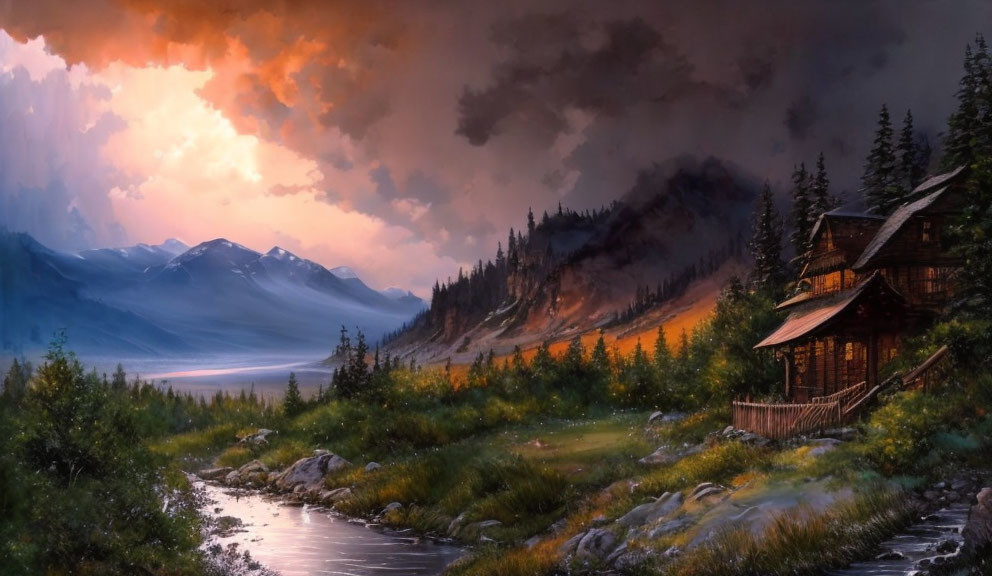 Autumnal landscape with wooden cabin by river and misty mountains