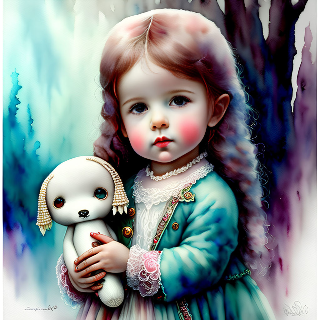 Whimsical digital illustration of young girl with plush toy