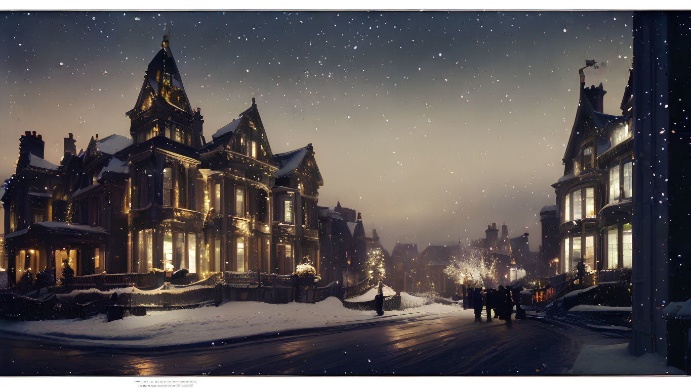 Victorian-style Houses with Holiday Lights in Snowy Night Sky