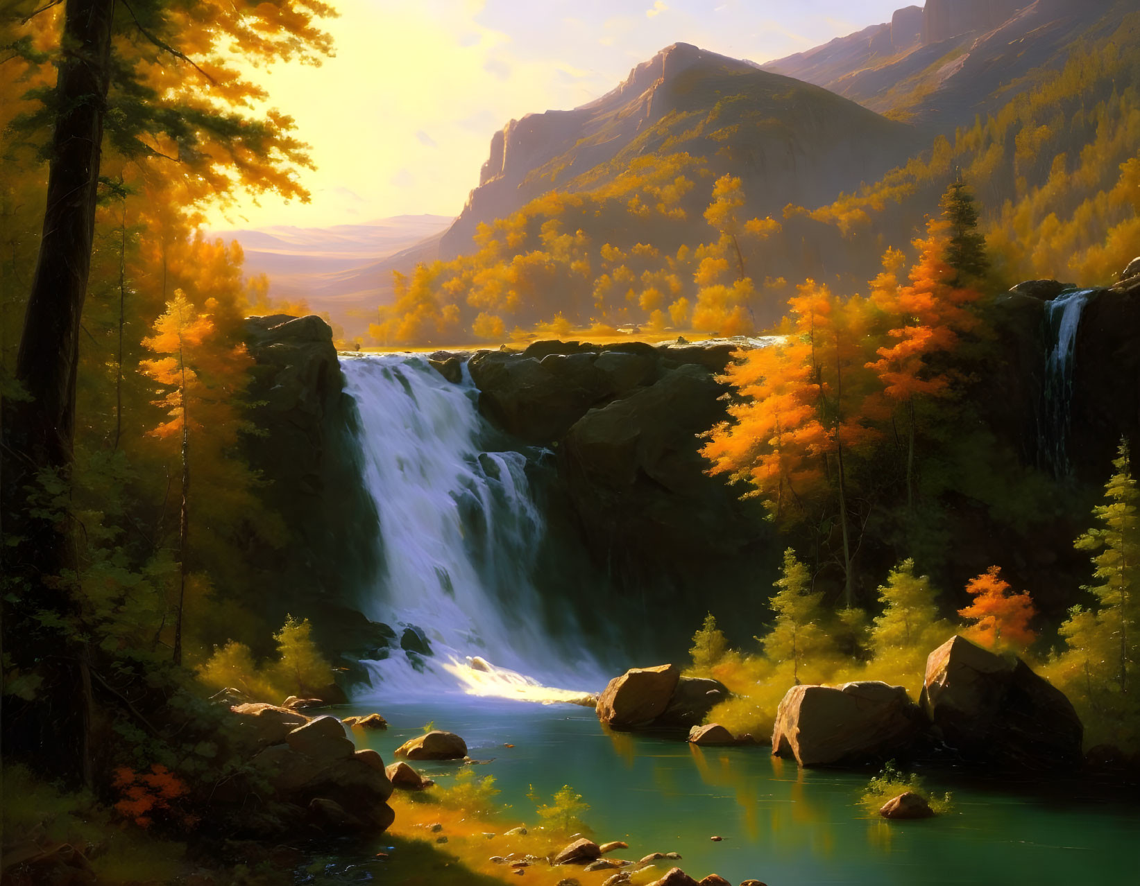 Autumn forest waterfall at sunrise with mountains