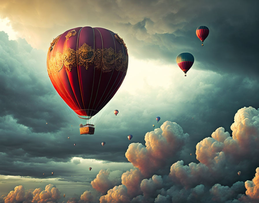 Ornate hot air balloons in dramatic sky at dusk or dawn