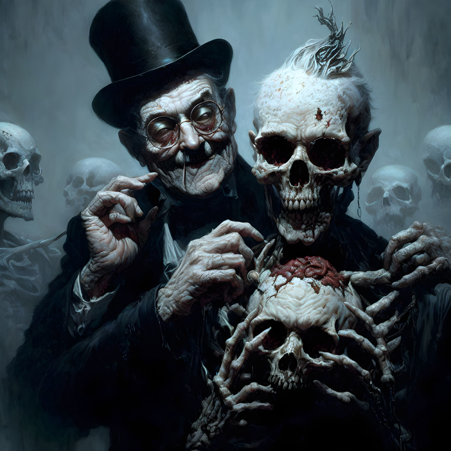 Macabre artwork: old man with skull face and heart, surrounded by skeletons