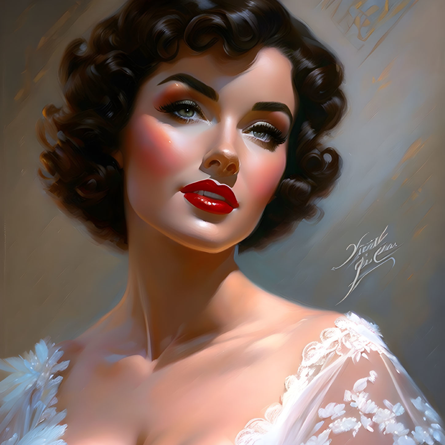 Vintage Glamour: Digital Art of Woman with Curly Hair & Red Lipstick