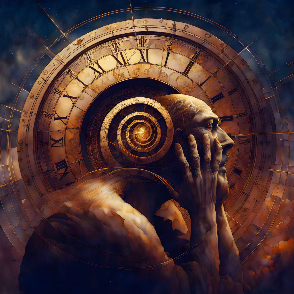 Surreal human face merges with golden spiral and celestial clockwork in cosmic setting