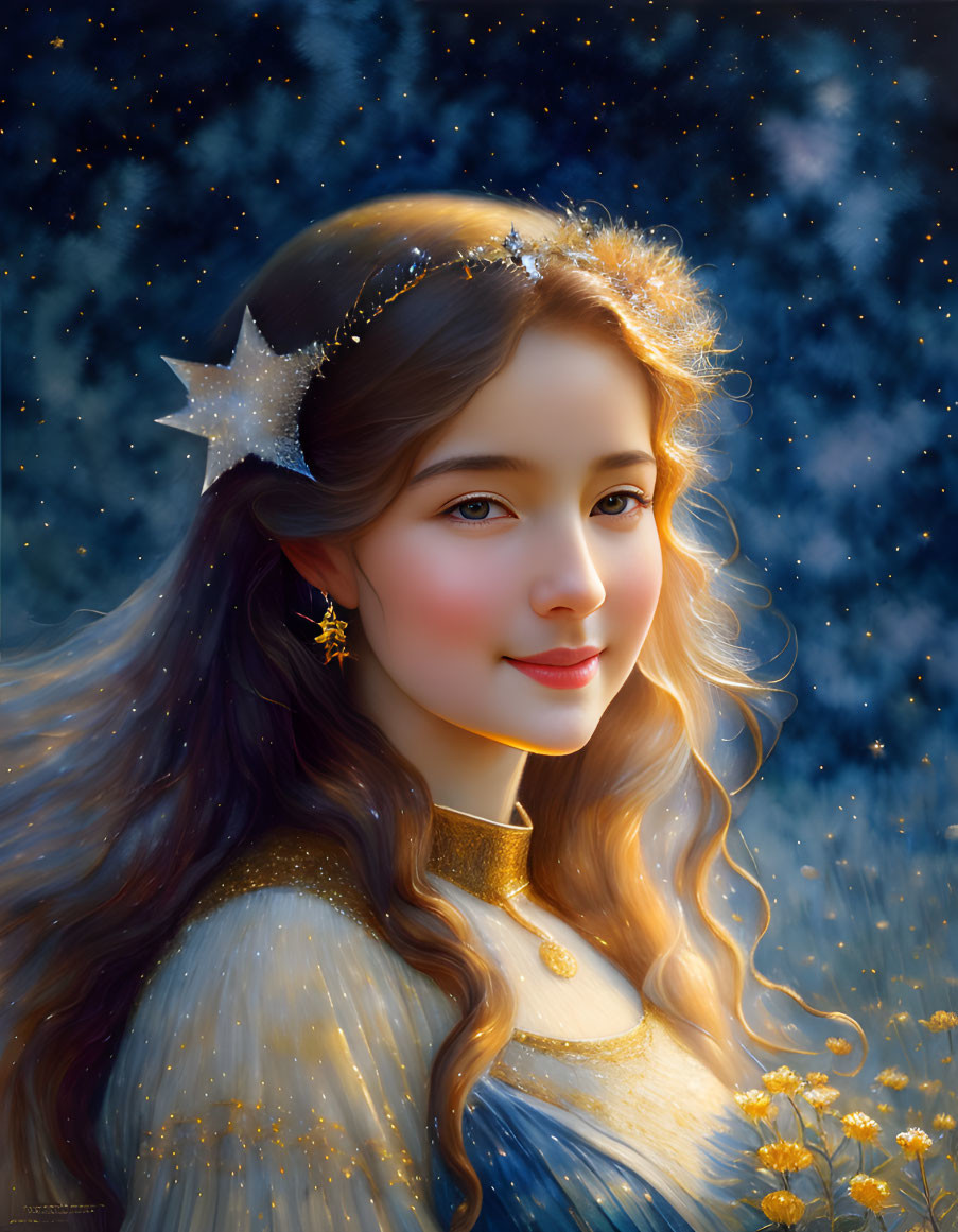 Young woman digital portrait with star-themed accessories and serene expression