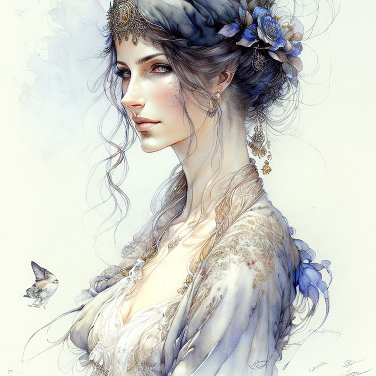 Detailed illustration of woman with flowing hair, floral headpiece, jewelry, and bird.